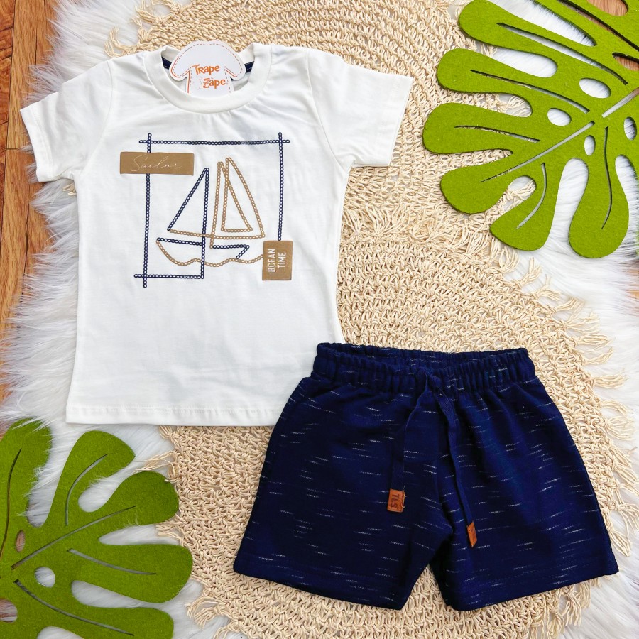  Conj. Camiseta Ocean Time e Bermuda - Off White e Marinho